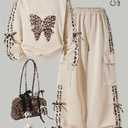 RoseSeek Girl's Y2K Leopard Print Outfit Long Sleeve Bow Sweatshirt Baggy Cargo Pants Set Two Piece Sweatsuit Apricot 13Y