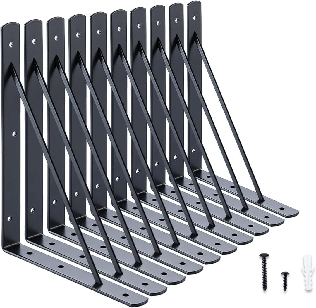 HOME MASTER HARDWARE 10 x 8 in Shelf Brackets, 90 Degree Triangle Wall Mount Angle L Bracket for Floating Shelves, Metal Support w/ Screws, 10 Pack Black