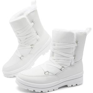 Rominz Women's Winter Snow Boots - Waterproof Black Fur Lined Warm Mid Calf Non-Slip Ankle Boots - White Lace-Up Platform (8)