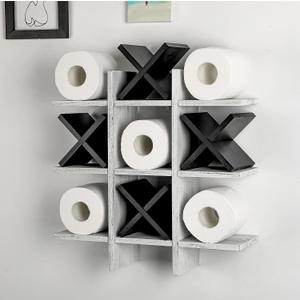 Weysat Tic Tac Toe Toilet Paper Holder Stand Bathroom Wall Decor Rustic Wooden Hanging Storage Freestanding Wall Mounted Shelves Decor for Toilet Tissue Farmhouse