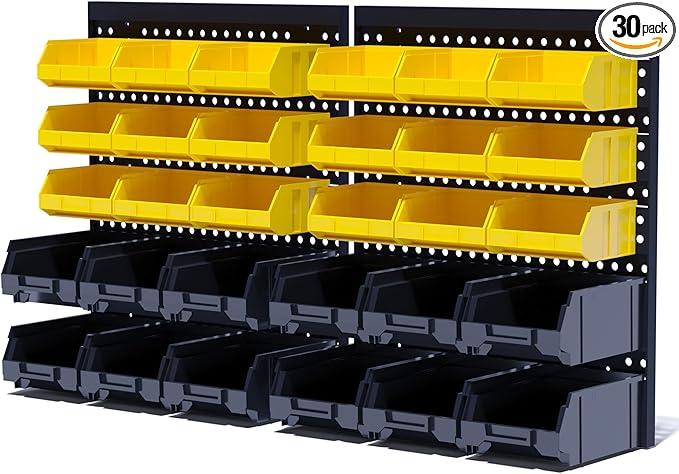KJE 30PCS Wall Mounted Storage Bins, Plastic Tool Organizer for Garage Storage, Screws, Nuts, Bolts, Small Hardware Parts Black, Yellow