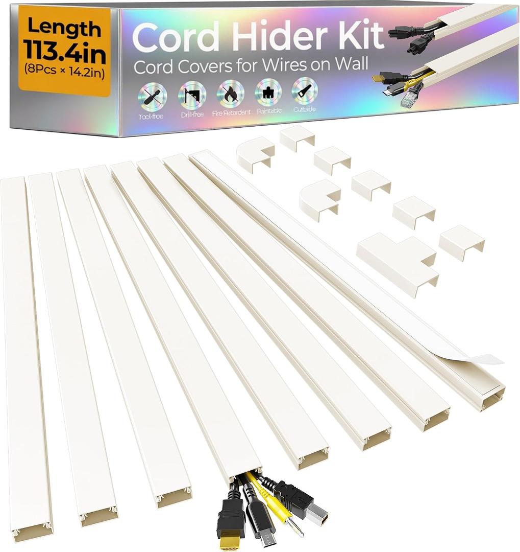 113.4in Cord Hider Kit, Cord Covers for 2-4 Wires on Wall, Self-Adhesive Cable Hider Wire Covers for Cords on Wall, Paintable Cord Hider for Walls Mount Tv, Cable Cover Raceway, W0.95 H0.55in, Beige
