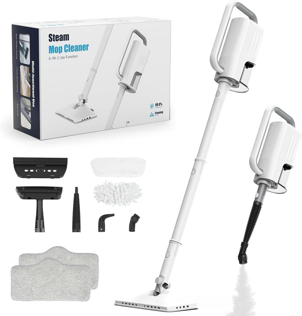 Steam Cleaner, 6 in1 Rotated Steam Mop Cleaner with 2 Modes, 2 Microfiber Pads, 400ML Removable Tank, 23FT Power Cable, Detachable Steam Mops for Floor, Laminate Floor, Tiles Cleaning (Onion White)