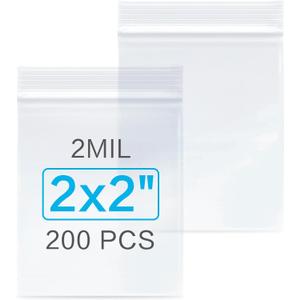 200pcs 2" x 2" Clear Zip Bags, 2 Mil Thick, Small Bags, Reclosable Zip Plastic Baggies for Necklace, Ring, Coin, Beads, Jewelry, Pill