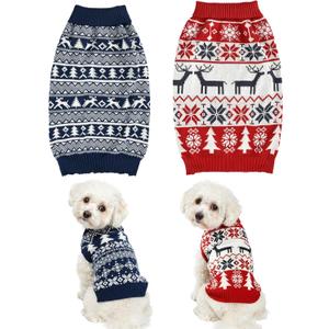 2PCS Dog Christmas Sweater, Soft Warm Pet Clothes Coat for Small Medium Large Dogs and Cats Boy Girl, Fall Cozy Holiday Turtleneck Knitting Collar Pullover Pup Outfit Costume for Thanksgiving New Year (Red+Blue)
