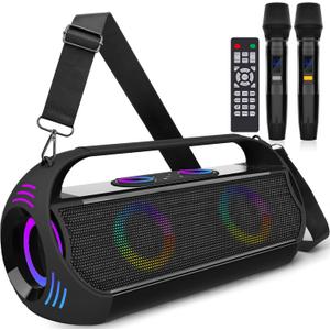 Rechargeable Karaoke Party Speaker (160W) Portable with 2 Wireless Microphones for Adults,30000mAh,LED Light Show,HD Stereo,Bass Up,Bluetooth/Remote/AUX/USB/TF Play for Home,Tv,Camping,Beach,Outdoor