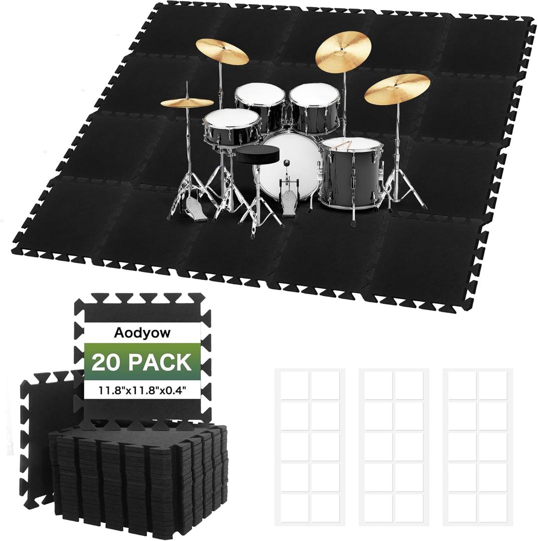 20 Pcs 11x 11 x 0.4 inches Sound Absorbing Interlocking Floor Mats, High Density Non-Slip Anti Vibration Sound proof Pads Acoustic Blankets for Drum Set, Thick Piano Carpet Drum Rug for Music Studio