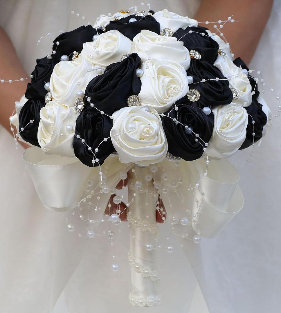 Bridal Wedding Bouquet Round Bling Brooch Bouquet Throw Toss Artificial Rose Flower Bunch for Bride Bridesmaid Wedding Quinceanera(Black & Ivory, 7.5") (Small (Dia. 7.5"/19cm))