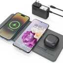 ZealSound Wireless Charging Pad, 3 in 1 Charger Mat for iPhone, Samsung Galaxy, Pixel, AirPods & Galaxy Buds, 24W Adapter Included, Ultra Slim, Case Friendly, PU Leather, Home Office & Travel, Gray
