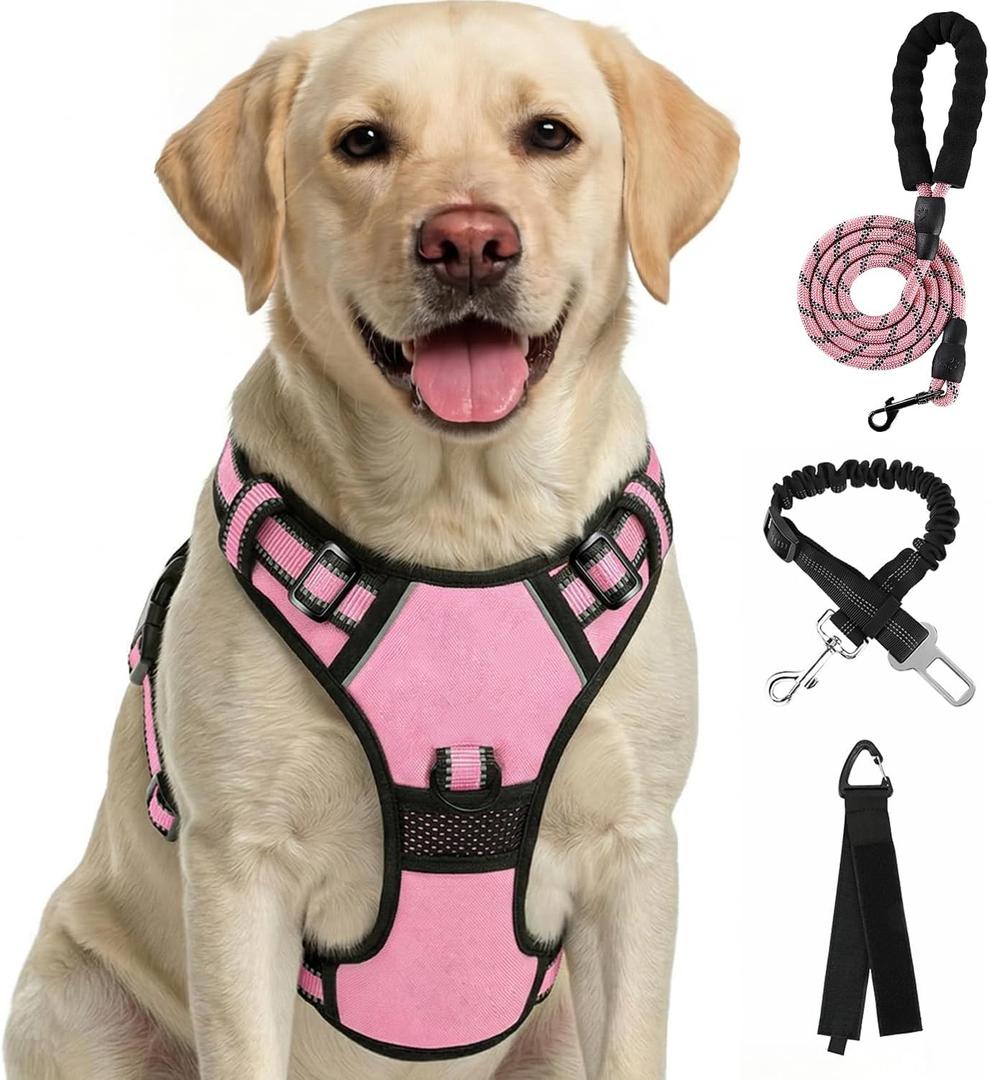 FURRYFECTION Plaid Dog Harness for Large Dogs, Reflective No Pull Adjustable Pet Vest with Front Clip, Leash, Easy Control Handle and Seat Belt, Pink, L