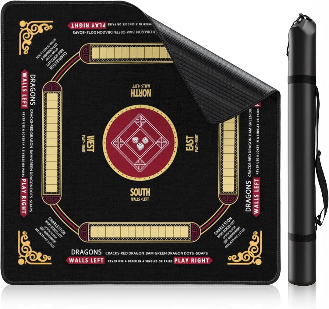 Mahjong Mat for Table 33” x 33”, Premium Non-Slip Noise-Reducing Table Cover, 2mm Thick Waterproof Rubber Game Mat with Carrying Bag – Foldable Mahjong Table Mat for Mahjong, Poker, Card & Board Games