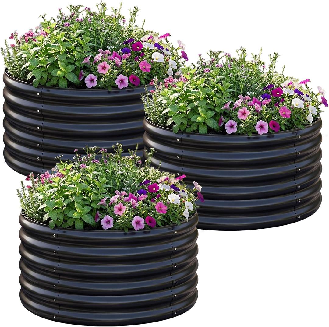 AHEONLAR 3PCS 2x2x2FT Galvanized Raised Garden Bed Kit Round Metal Flower Box Large Planter Raised Beds Outdoor Garden for Planting,Fruit,Herb Black