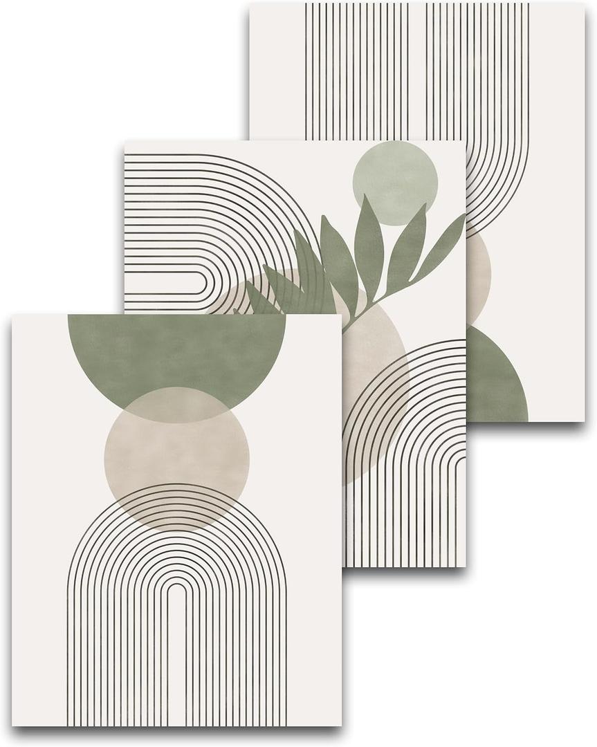 HesenDot Unframed Boho Sage Green Canvas Prints,12x16in Botanical Line Wall Art,Set of 3 Abstract Geometric Posters Decor,Minimalist Modern Green Artwork for Living Room Bedroom Bathroom Office Home