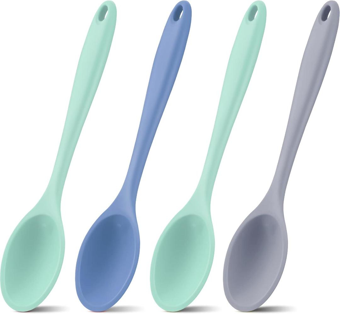 Shappy 4 Pieces Silicone Cooking Spoons 10.6 Inch Heat Resistant Kitchen Spoons for Mixing, Serving and Stirring Upgrade Large Non Stick Basting Utensils, Dishwasher Safe(Spoon,Fresh Color)