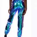 SIAEAMRG Womens Shiny Metallic High Waist Stretchy Jogger Pants, Wet Look Hip Hop Club Wear Holographic Trousers Sweatpant (S)