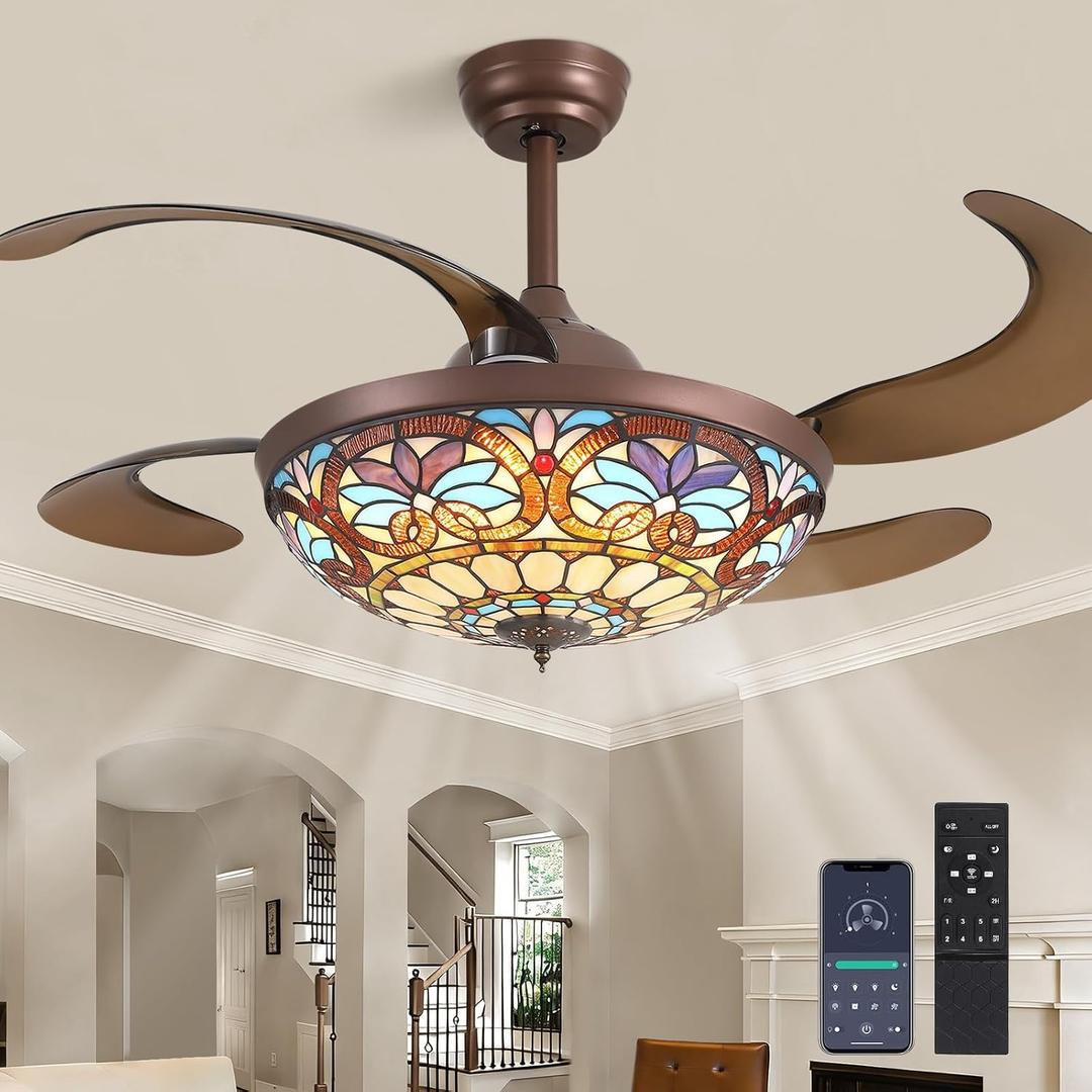 48'' Tiffany Retractable Ceiling Fan, Stained Glass | APP & Remote Control, Dimmable Chandelier Fan, Tiffany Fandelier for Large Living Room Dining Room Bedroom Kitchen