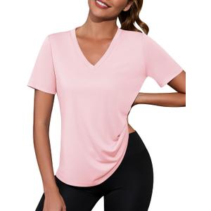 Kistore Workout Tops for Women Breathable V Neck Yoga T Shirts Trending Beach Casual Loose Fit Tee Running (Pink, L)