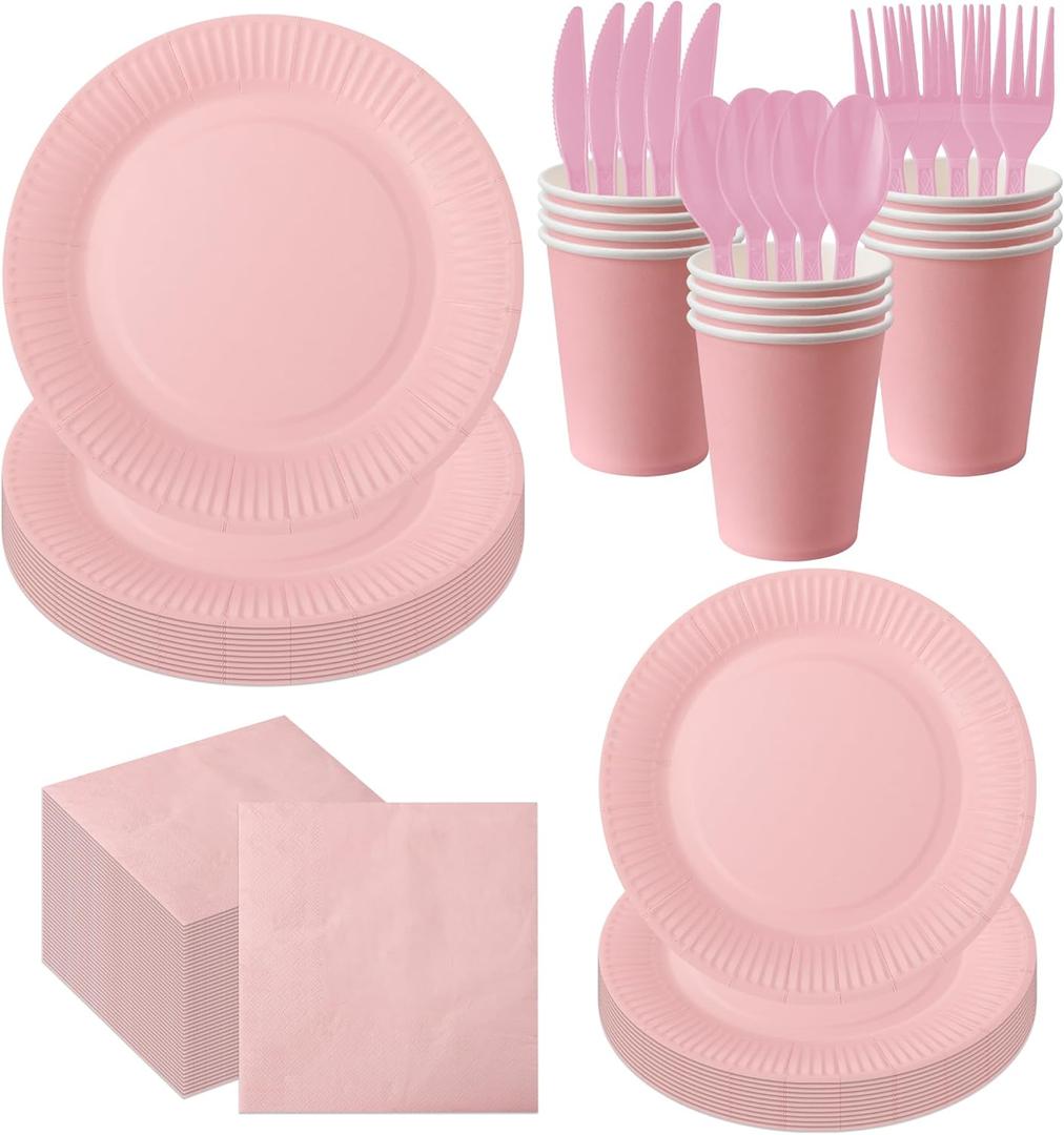 210pcs Pink Plates And Cups Disposable Tableware Party Supplies -Plastic Silverware, Paper Cups And Plates Serves 30 (Pink)