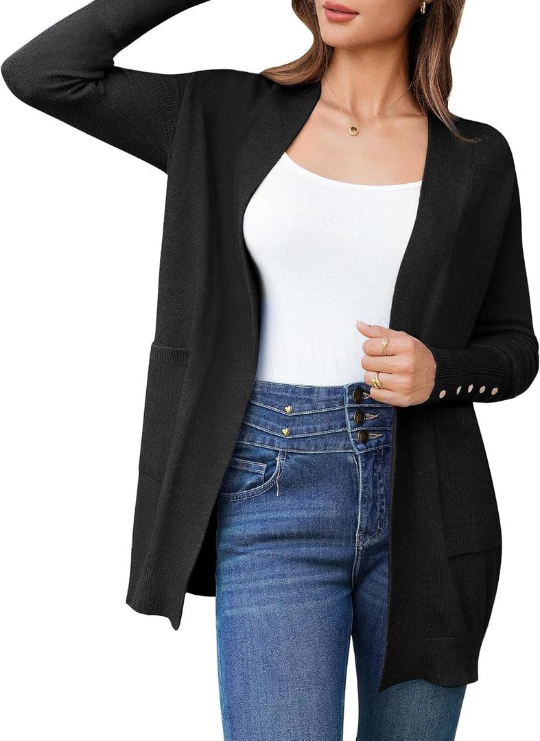 BB&KK Women's Cardigan Sweaters Button Cuff Long Sleeve Knit Open Front Jacket Casual Fall Coat with Pockets (Black, L)
