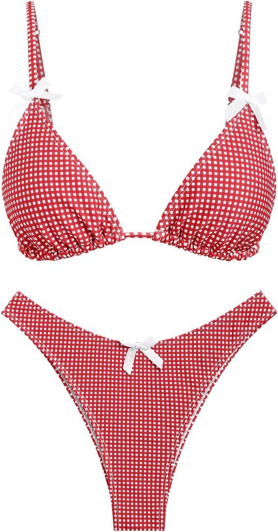 seamoly Women's Bikini Sets Tie Back Bowknot Two Piece Swimsuits Triangle Thong Bathing Suit Gingham Floral Cherry Printing (Red, L)