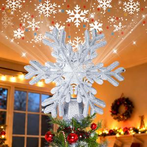 Christmas Tree Topper Lighted with LED Rotating Silver Snowflake Projector, 3D Hollow Glitter Lighted Snow Tree Topper for Xmas New Year Party Holiday Christmas Decorations