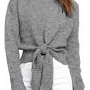 Okiwam Women's Long Sleeve Cropped Sweaters Casual Knit Pullover Tie Front Crew Neck Fall Outfits Fashion Clothes 2025 (Large, Grey)