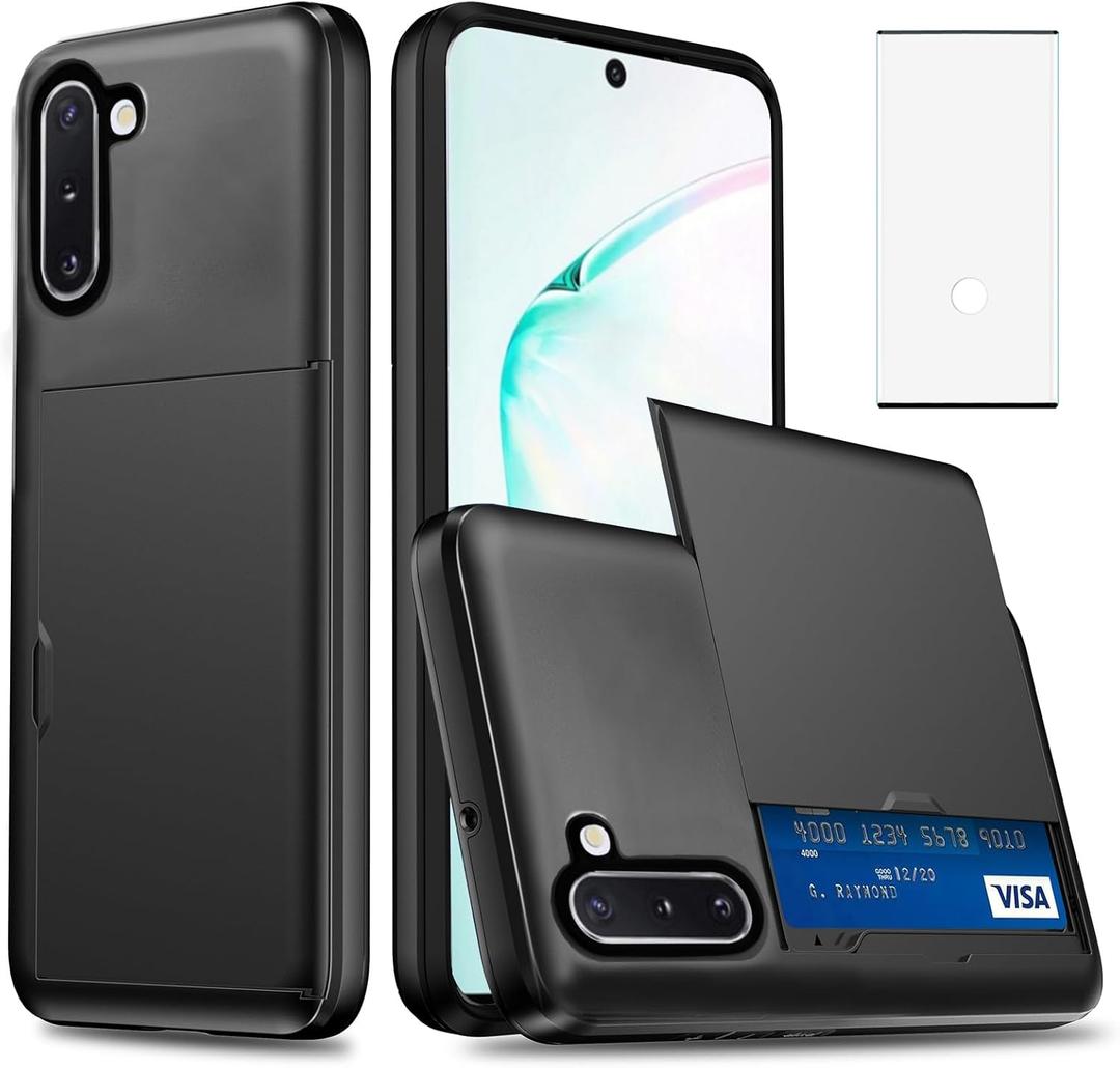 Asuwish Phone Case for Samsung Galaxy Note 10 5G with Tempered Glass Screen Protector and Credit Card Holder Wallet Cover Hard Hybrid Cell Accessories Note10 Notes 10s Ten Not S10 Women Men Black