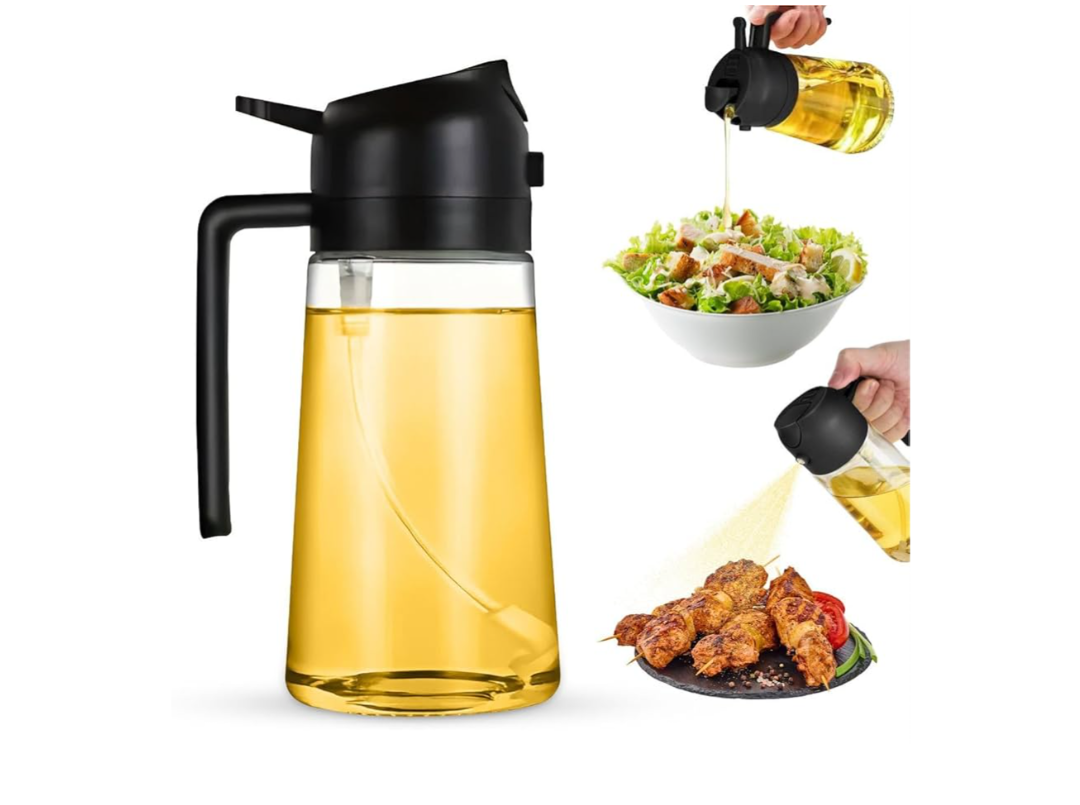 2-in-1 Olive Oil Dispenser Bottle, Spray and Pour, Multi-Use Kitchen Gadget, Food-Grade, Salad Dressing, Air Fryer, Healthy, BBQ, Barbecue (Black)