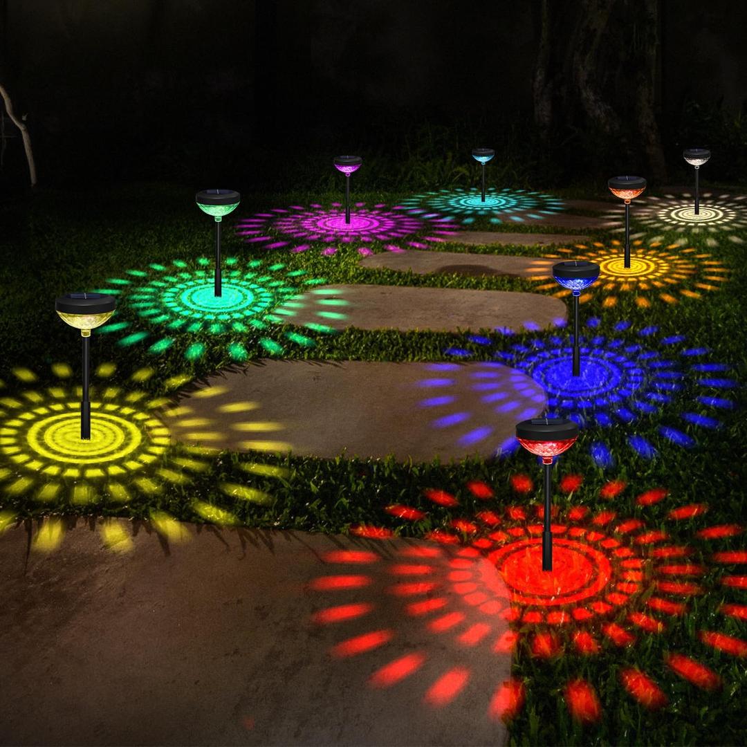 pearlstar Bright Solar Pathway Lights 8 Pack,Color Changing+Warm White LED Path Lights Outdoor,Solar Garden Light Outdoor Waterproof for Walkway Yard Backyard Lawn Landscape Decorative