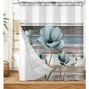DASHAN No Hook Shower Curtain with Snap in Liner, Rustic Floral Shower Curtains for Bathroom, Teal Flowers Bath Curtain Wood Country Farmhouse Fabric Bathroom Curtains 71"x74"