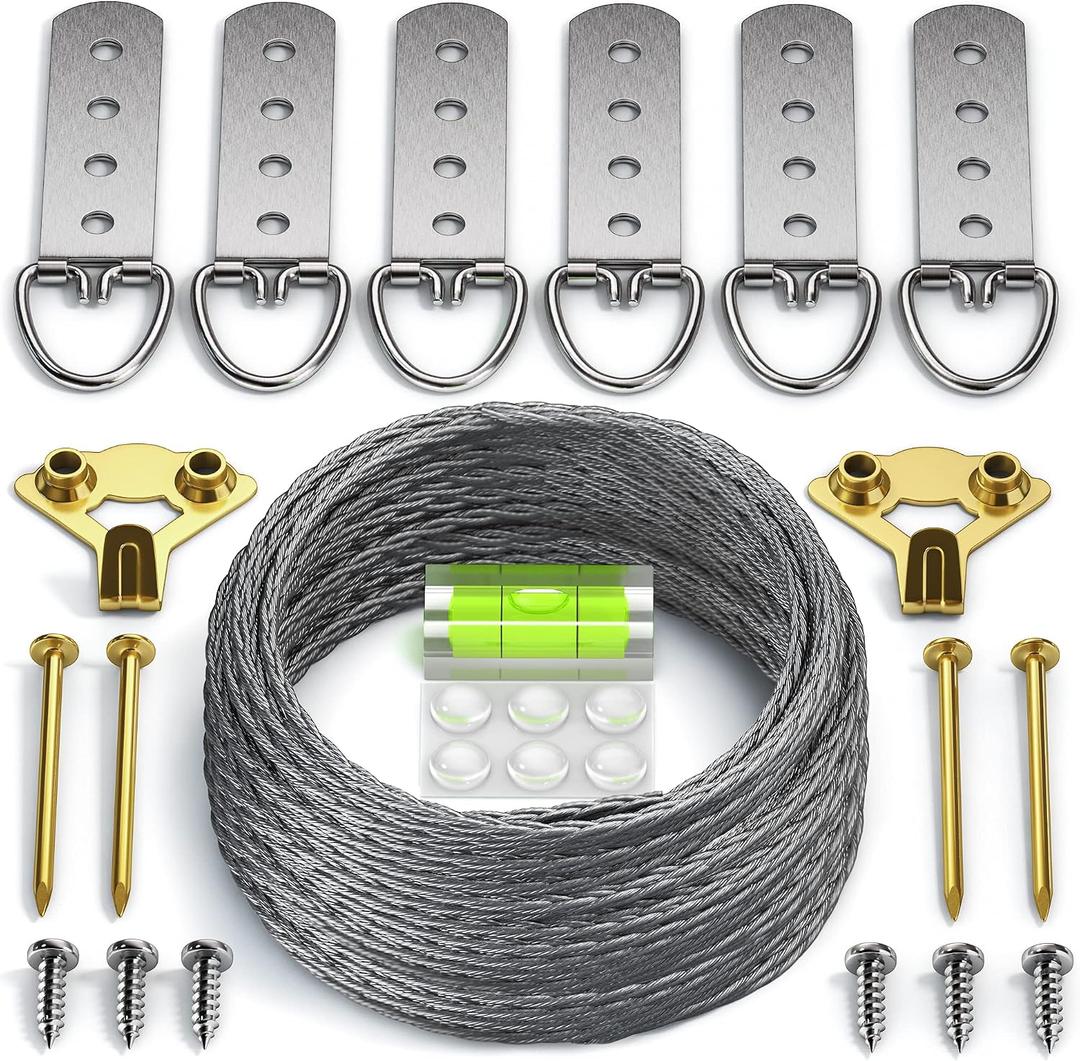 Heavy Duty Picture Wire Hanging Kit - D-Ring, Screws, Hanging Hooks,Level. Supports up to 100 lbs 50+ Feet (15.25M) Stainless Steel Wire Hanger