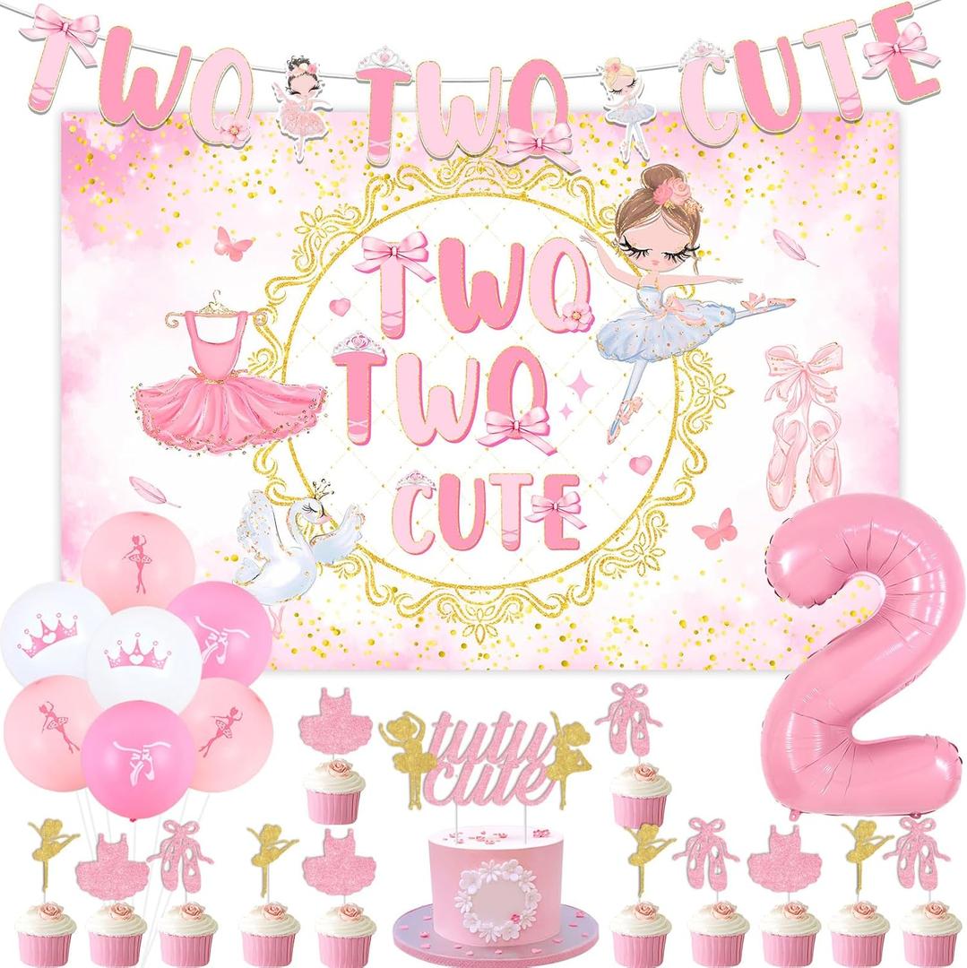 Tutu Cute 2nd Birthday Decorations, Ballerina Party Decorations Backdrop Banner, Tutu Cute Cake Cupcake Toppers for Girl 2nd Birthday
