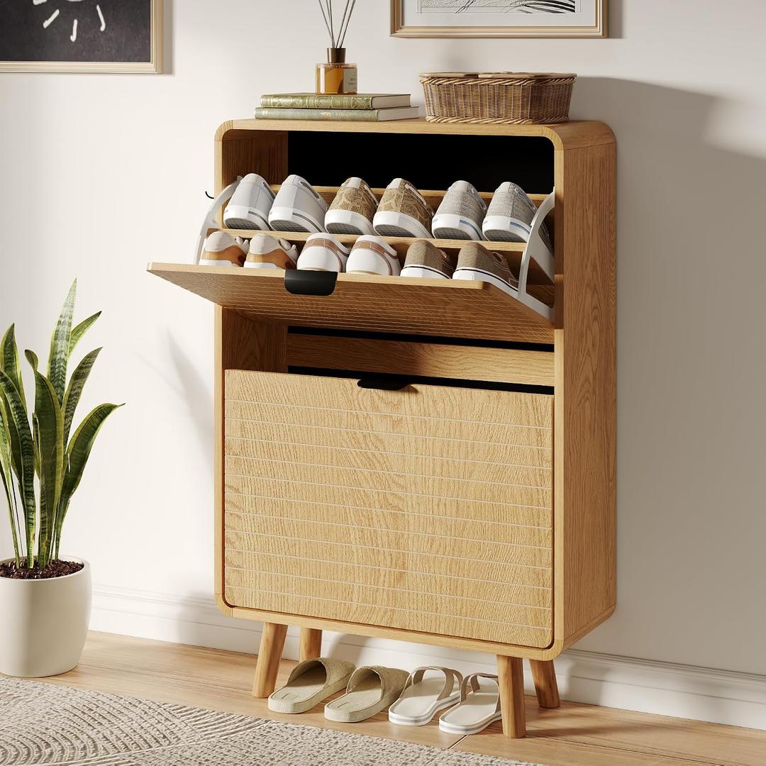 3imothrix Fluted Shoe Storage Cabinet for Entryway with 2 Flip Drawers, Oak