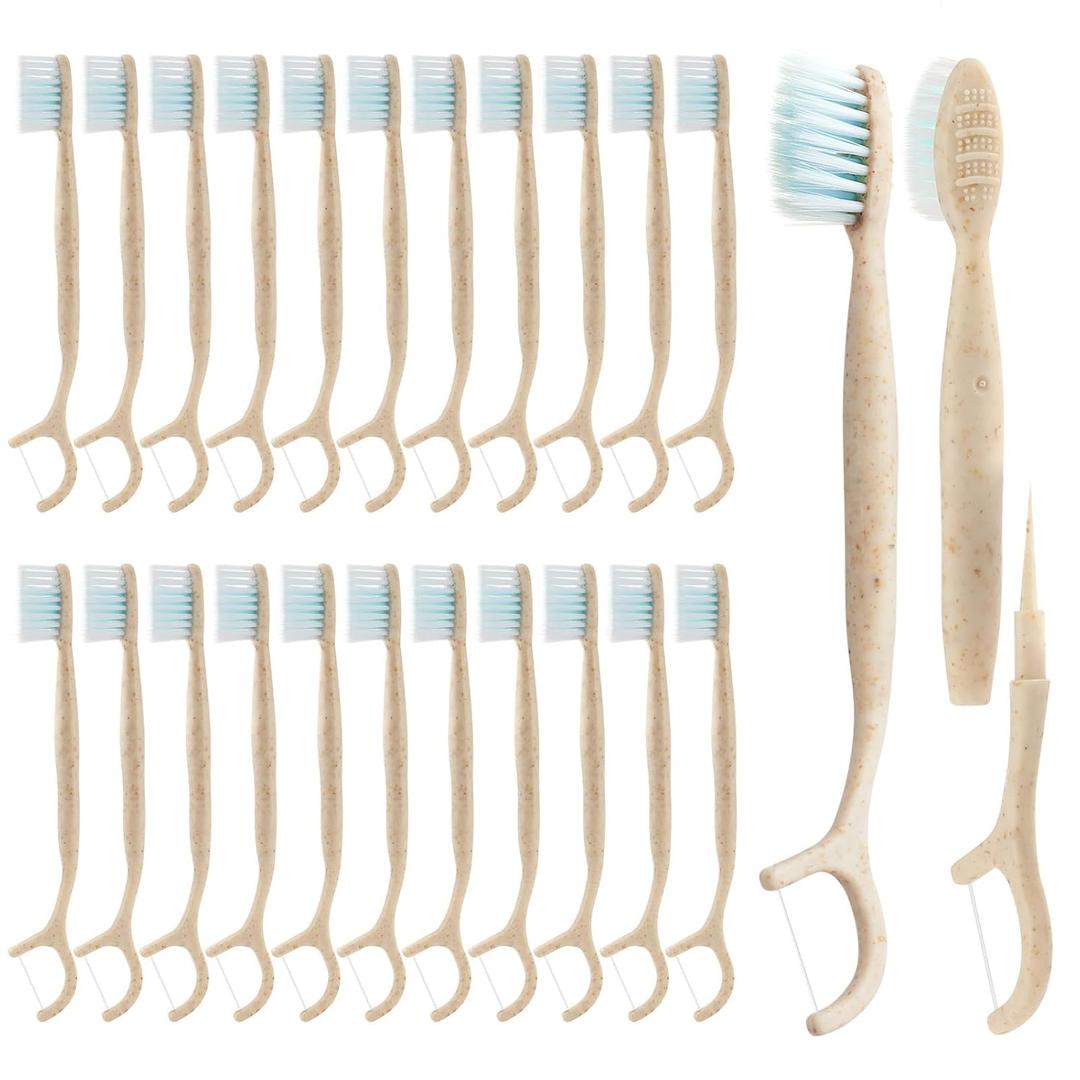 Travel Toothbrush Dental Floss Picks - 4 in 1 Biodegradable Disposable Toothbrushes with Tongue Scraper, Eco-Friendly Individually Wrapped Toothbrush for Adult Kids Travel Oral Care, 40 Pack (White)