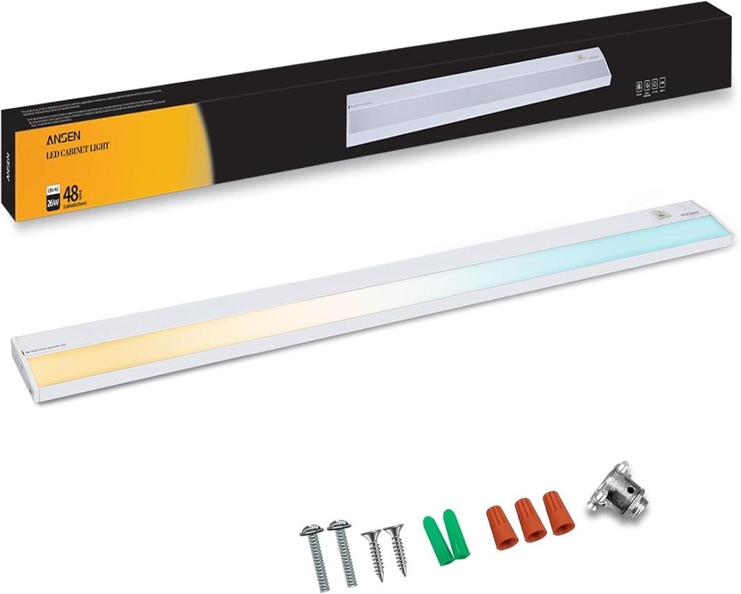 Ansen Hardwired Under Cabinet Lighting, 48in 26W LED Light for Kitchen/Closet, 1720lm, CRI>92, R9>90, Dimmable, 3 Color Temperature, 3000K/4000K/5000K(Warm White, Cool White, Daylight)