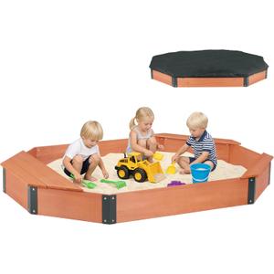 75.5''x53''x8.5'' Octagon Sandbox with Storage Box for Kids Outdoor Play, Wood Large Sandpit with Cover & 3 Benches, Quick Easy Install 