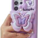 Cute 3D Butterfly Pop-Up Stand and Grip Phone Case for Samsung Galaxy S24 Ultra, Kawaii Cartoon Soft Silicone Phone Cover, Adorable Girly Design for Girls, Kids, Teens, and Women