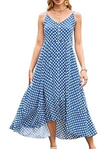 BROVAVE Women's 2026 Summer Casual Boho Sundress Polka Dot Spaghetti Strap V Neck Flowy Midi Dresses (Medium, Blue)