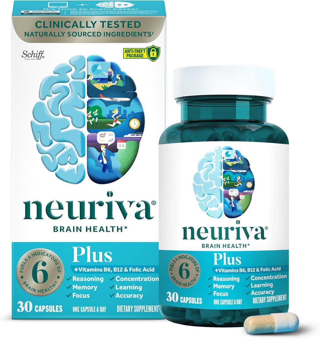 NEURIVA Plus Brain Supplement for Memory and Focus Clinically Tested Nootropics for Concentration for Mental Clarity, Cognitive Enhancement Vitamins B6, B12, Phosphatidylserine 30 Capsules, 

bbd: 07/2026