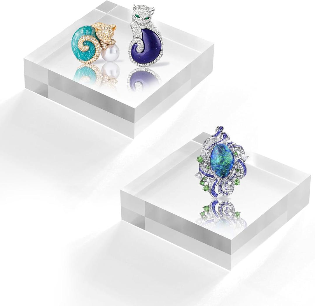 Acrylic Base Stand 2 Pieces Acrylic Blocks for Display 4 X 4 X 1 Inch Clear Polished Block Square Cube Riser Display Pedestal Stands for Jewelry Perfume Ring Collection Props Cake