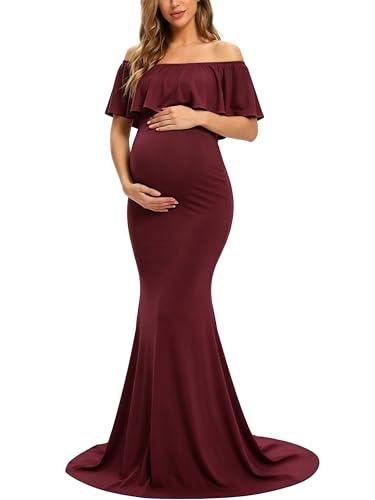 Glampunch Womens Off Shoulder Maternity Dress Ruffles Elegant Slim Gowns Fit Maxi Photography Dress Burgundy. XL