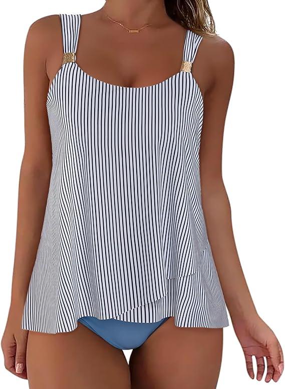 SUUKSESS Women Ruffle High Waisted Tankini Swimsuit Tummy Control Bathing Suit L