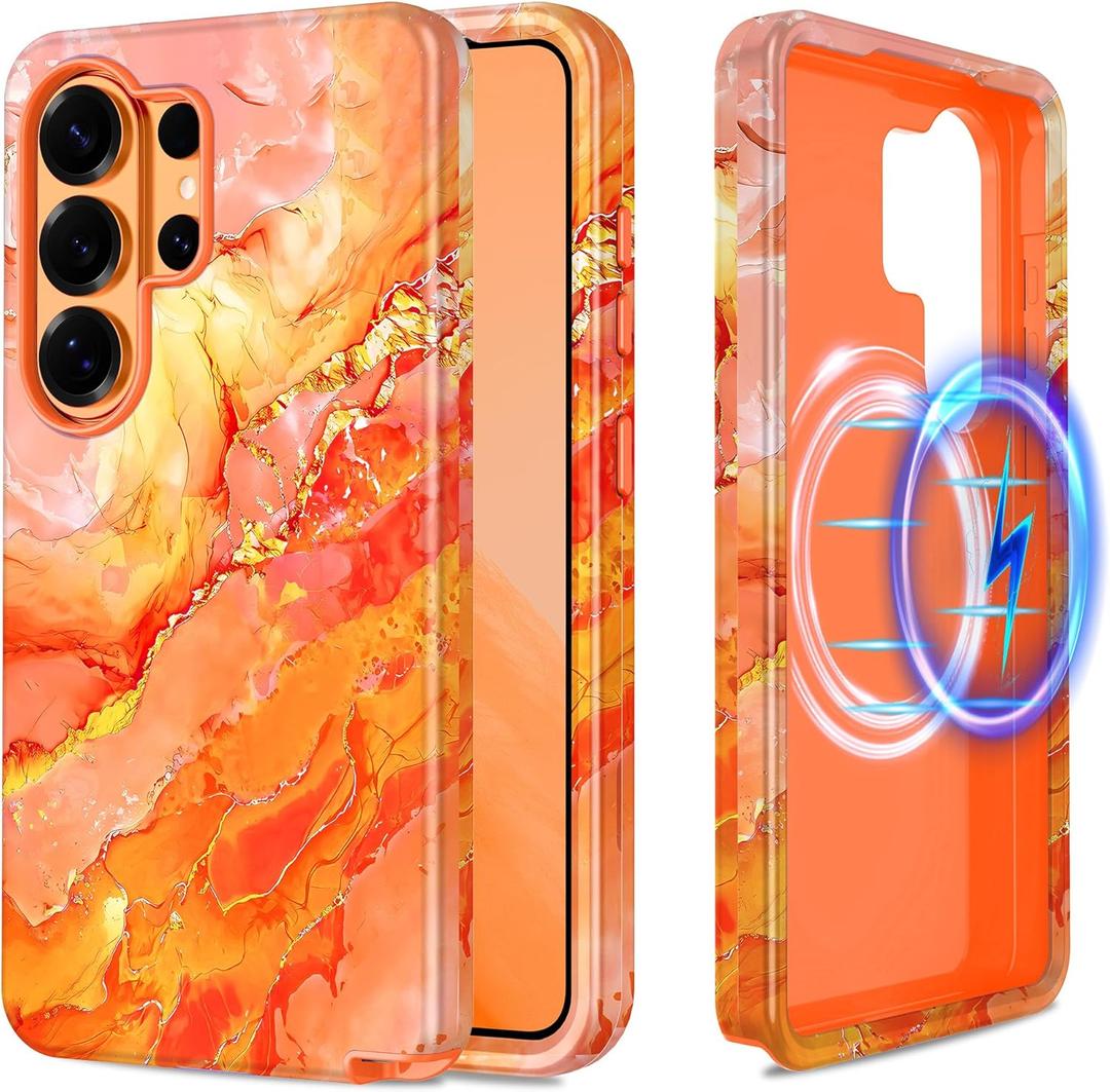 Casetego for Galaxy S26 Ultra Case,Compatible with MagSafe,[Military Grade Drop Test] Full Body Protection Slim Shockproof Rugged Marble Women Case for Samsung Galaxy S26 Ultra 5G 6.9 inch,Orange