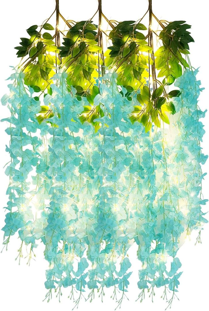 12 Pack Teal Wisteria Hanging Flowers Garland with Lights, 3.77 Feet Artificial Flower Vines, Fake Wisteria, Artificial Vines Hanging Garland for Backdrop Outdoor Patio Garden Decor