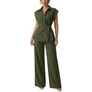 Women's Going Out Two Piece Sets Cap Sleeve Tie Waist Button Down Shirt Wide Leg Pants Dressy Casual Outfits, Medium