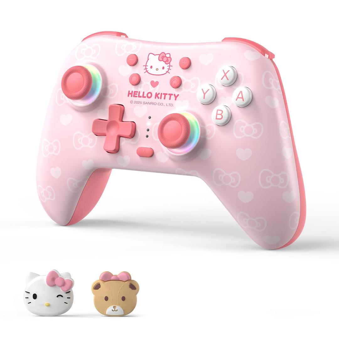 Kuitmor Pink Switch Controller,Hello Kitty Hall Effect Controllers Wireless for Switch 2/1/OLED/Lite,PC,Android,iOS, Bluetooth + Wired + 2.4G Receiver (Sold Separately),1000mAh Battery,6-Axis Gyro,Dual Vibration,RGB Breathing Light
