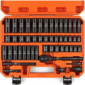 HORUSDY 3/8" Drive Impact Socket Set, 50-Piece Standard SAE (5/16 to 3/4 inch) and Metric (8-22mm) Size, 6 Point, Cr-V, 3/8-Inch Drive Ratchet Handle, Drive Extension Bar, Impact Universal Joint