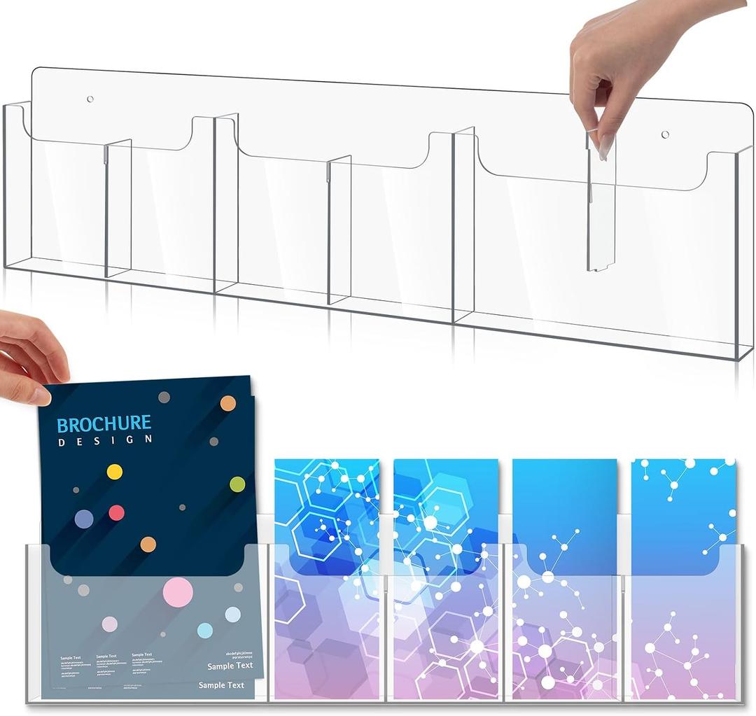 Sherr Acrylic Brochure Holder Wall Mount with Removable Adjustable Dividers, 6/ 3 Pockets Large Capacity Literature Display Stand for 4''x 9'',8.5''x11'' Pamphlets, 26.7''x7'' for Office Hotel Lobby