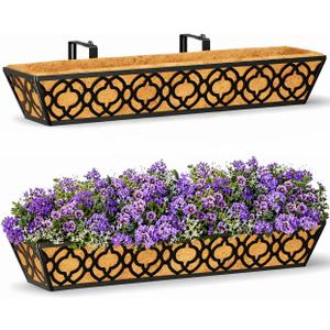 2 Pack 30 Inch Railing Planter Box with Coco Liner, Adjustable Metal Window Box Planter for Balcony Deck Fence, Hanging Flower Basket for Outdoor Garden, Black