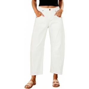 GRAPENT Barrel Jeans for Women Trendy High Waisted Wide Leg Baggy Cropped Relax Fit Stretch Denim Trouser Ankle Pants (White, S)